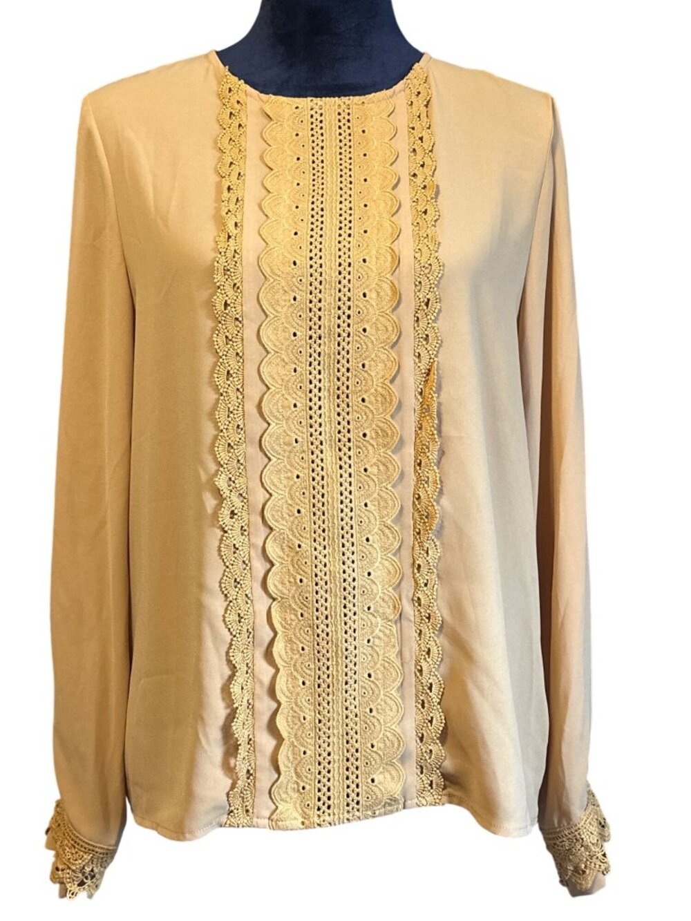 Vintage-Inspired Yellow Long Sleeve Blouse With Lace Detailing By Motf Womens Me - Picture 5 of 7